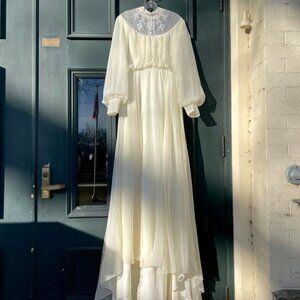1970s Vintage Chiffon Wedding Dress: Hand-Embroidered Lace, Bishop Sleeves